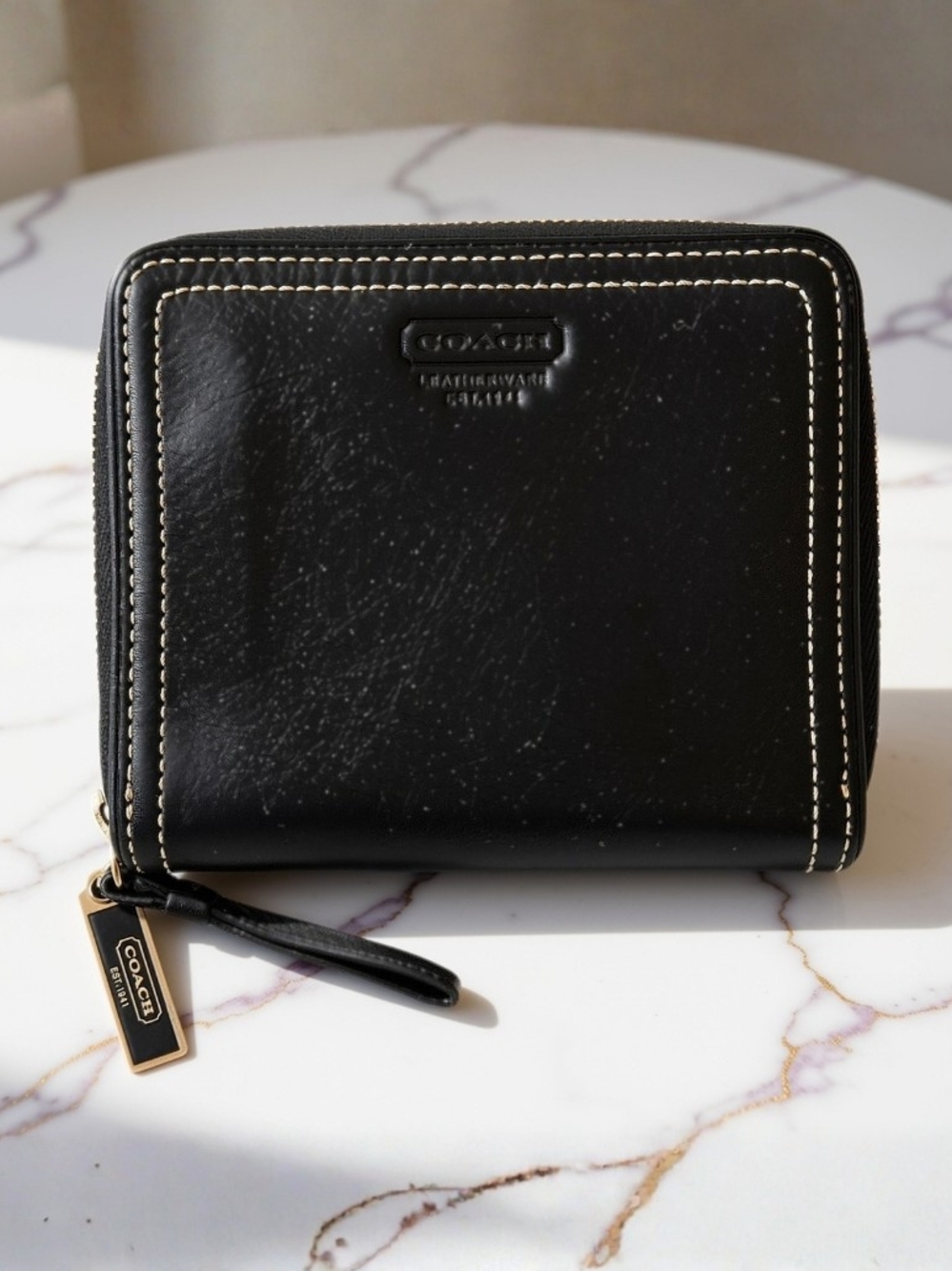 Coach Black Leather Zip Card Holder with Contrast Stitching